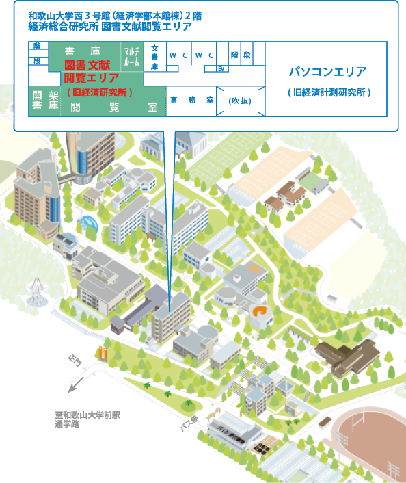 経済研究所は、和歌山大学西3号館（経済学部本館棟）2階にあります。