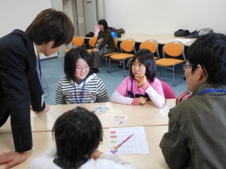 机の周りに集まって考える子供達