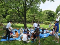 和歌山城の木の下に座る参加者