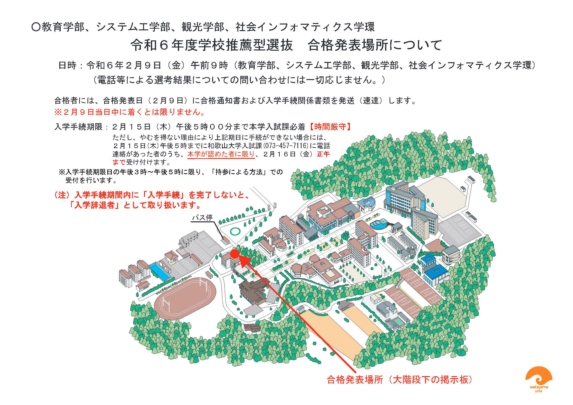 教育学部、システム工学部、観光学部及び社会インフォマティクス学環の令和６年度学校推薦型選抜合格発表場所について